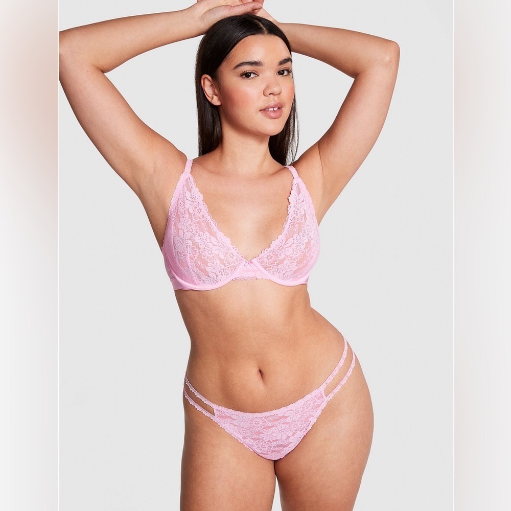 ✨💕NWT Victoria's Secret PINK Wink Charmed Fruit Strappy Thong Panty L Lace Pink💕